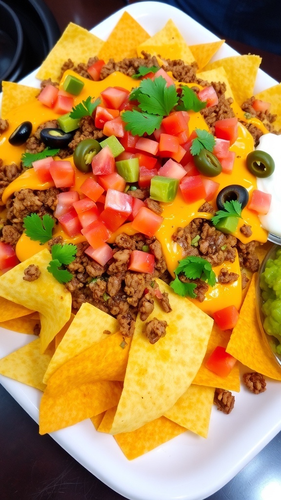 A colorful plate of loaded nachos with cheese, ground beef, tomatoes, jalapeños, and garnished with cilantro, served with guacamole and sour cream.